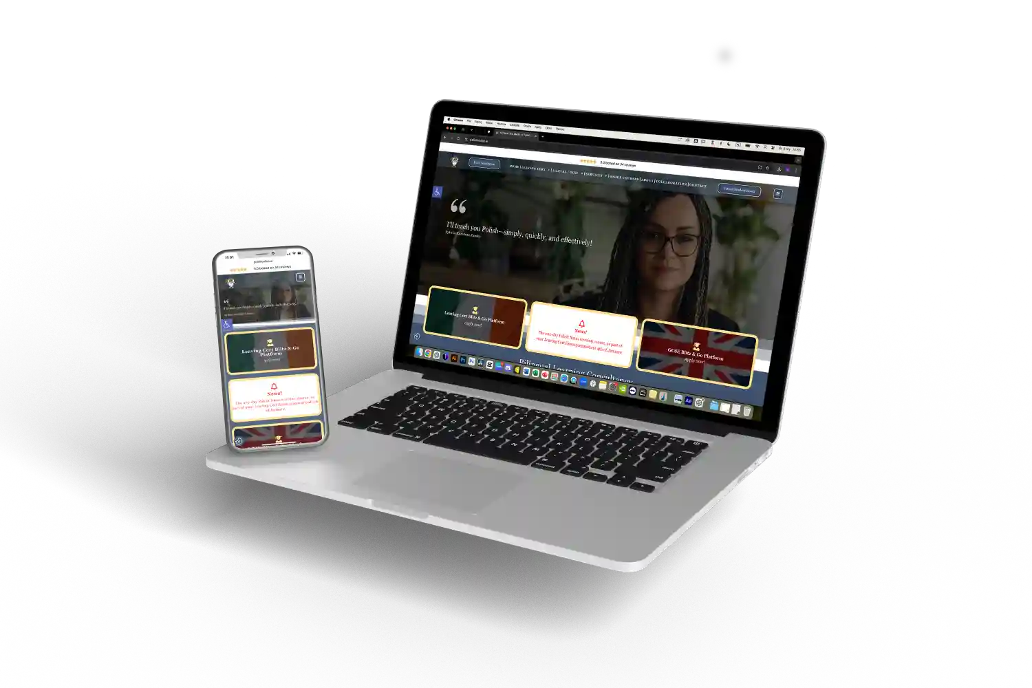 A mockup presenting a bilingual learning consultancy website displayed on both a laptop and a smartphone, featuring a modern, responsive design.