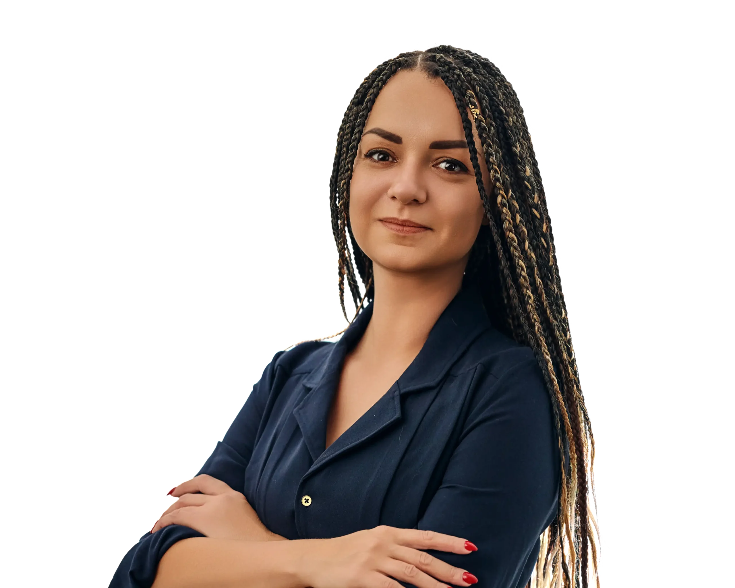 Sylwia Karolina Janiec standing confidently with arms crossed, wearing a navy dress and braided hair, reflecting professionalism and leadership.