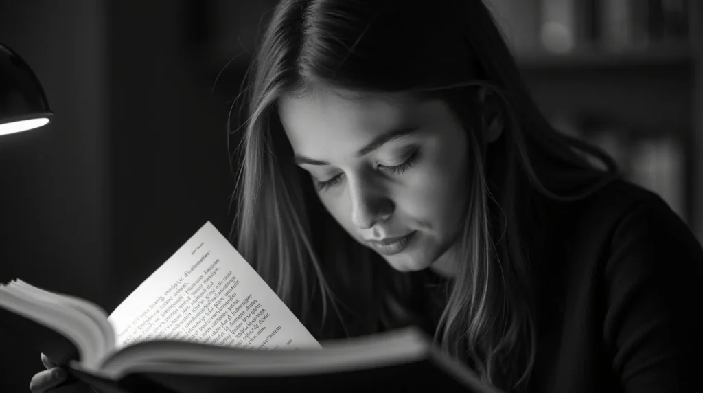 A student holding a notebook, thoughtfully planning her Leaving Cert preparation with polishonline.ie in a modern indoor setting.