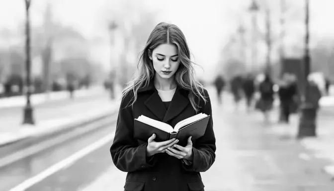 A student holding a notebook, thoughtfully planning her Leaving Cert preparation with polishonline.ie in a modern indoor setting.